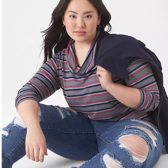 Lane Bryant Cowl Neck Horizontal Stripe Long Sleeve Sweater - Picture 3 of 5